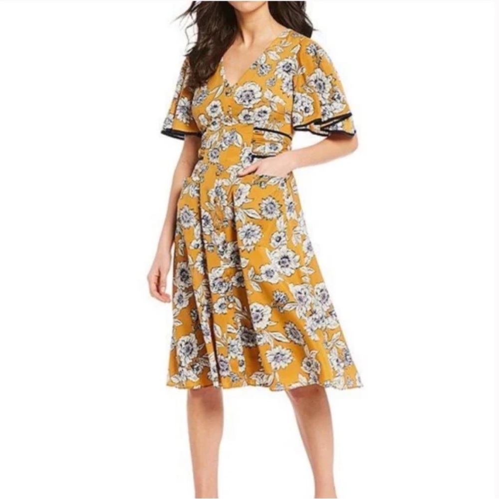 Eliza J Floral Dress Womens Size 8 Mustard Yellow Flutter Sleeve - Picture 11 of 11